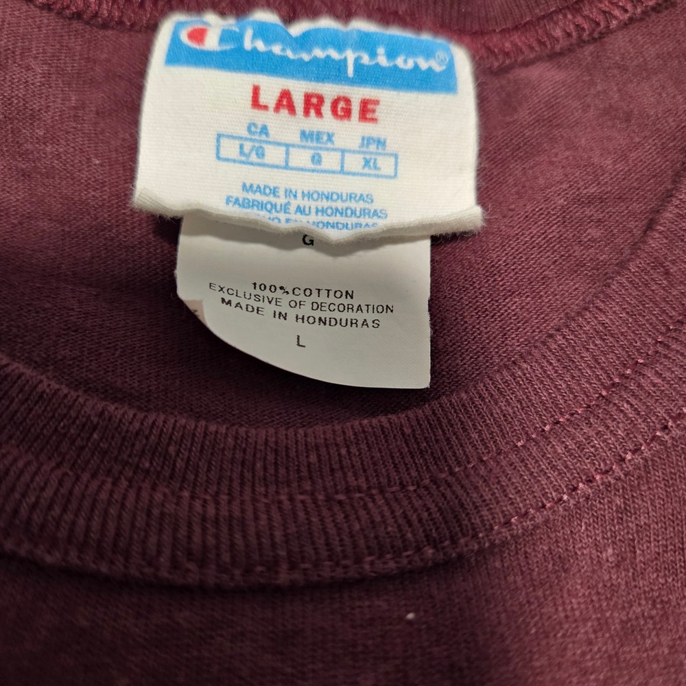Vintage Champion Mens Big C Logo Patch T-Shirt Burgundy Cotton Crew Neck Large - Picture 4 of 8